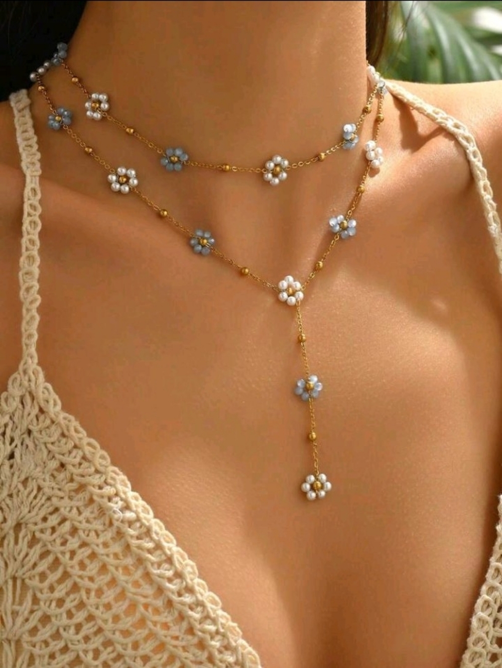 Gold-Tone Floral Layered Lariat Necklace with Blue Beads ( Stainless Steel)